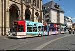 Duewag/Siemens MGT6DE, Wagen 605 mit (Eigen-)Werbung für die SWE Stadtwerke Erfurt GmbH, der Erfurter Verkehrsbetriebe AG (SWE EVAG) als Linie 6 von und nach Rieth Gleis 3 verlässt die