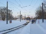 Durch den starken Schneefall verkehrte am 09.02.2021 im Erfurter Süden nur die Linie N3 vom Urbicher Kreuz über Wiesenhügel zum Stadion Ost, wo die vorhandene Ersatzhaltestelle nach der Wendeschleife genutzt wurde.