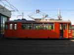 Der Arbeitswagen EVAG 2, mit Schneepflug und Schienenschmieranlage, beim Tag der offenen Tr am 28.09.2013 im Betriebshof am Urbicher Kreuz. Gebaut 1976, Typ T2D.