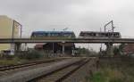 EVAG 718 + 715 als Linie 5 (Zoopark - Löberwallgraben), am 08.09.2014 auf dem Überführungsbauwerk in Erfurt Nord.