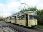 VGF Düwag L-Wagen 124 am 20.08.17 in Frankfurt am Main an der Hugo Junkers Straße als Linie V