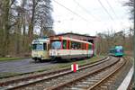 VGF Düwag O Wagen 111, Düwag Pt Wagen 128 und Düwag R Wagen 023 am 16.03.19 bei einer Sonderfahrt in Neu Isenburg vor der Wagenhalle