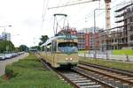 VGF Düwag N-Wagen 112 am 11.08.19 in Frankfurt Niederrad als Pendelverkehr zum Sommerfest des Straßenbahn Museums