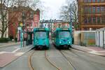 VGF Düwag Pt-Wagen Parade am 07.01.23 mit dem Wagen 736 und 727 bei einer Sonderfahrt in Frankfurt am Main