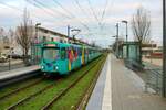 VGF Düwag Pt-Wagen am 07.01.23 mit dem Wagen 720 bei einer Sonderfahrt in Frankfurt Riedberg vom Bahnsteig aus fotografiert