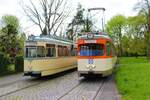 VGF Düwag M-Wagen 102 und L-Wagen 124 am 23.04.23 in Frankfurt am Main bei einer Sonderfahrt