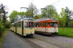 VGF Düwag M-Wagen 102 und L-Wagen 124 am 23.04.23 in Frankfurt am Main bei einer Sonderfahrt