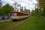 VGF Straßenbahn Frankfurt am Main Düwag Pt-Wagen 148 als Osterhasenexpress am 19.04.25 in der nähe der Uniklinik