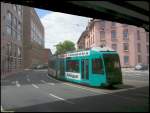 R-Triebwagen 012 auf dem 3. Zug der Linie 17 in Fahrtrichtung Hauptbahnhof / Pforzheimer Strae unterquerte am 01.06.2006 gleich nach dem Verlassen der Haltestelle Kuhwaldstrae die Brcke der DB-Strecke am Westbahnhof.