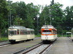 VGF Düwag L-Wagen 124 und M-Wagen 102 am 25.06.16 in Frankfurt Stadion bei der Straßenbahnparade. Die Anlage wurde für dieses Event gesperrt und mann konnte auf den Gleisen Fotos machen