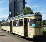 VGF Düwag L-Wagen 124 am 10.07.16 in Frankfurt Messe als Pendelverkehr zum Sommerfest im Verkehrsmuseum