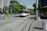 Freiburg im Breisgau VAG SL 1 (Duewag-GT8 214) Landwasser, Elsässer Straße / Auwaldstraße am 20. Juli 1990. - Scan eines Farbnegativs. Film: Kodak Gold 200-2. Kamera: Minolta XG-1.