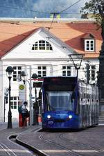 FREIBURG im Breisgau, 20.10.2019, Zug Nr. 277 als Tram4 zur Messe in der Haltestelle Europaplatz
