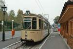 Straßenbahn Freiburg: TW  112 der Baureihe GT4, Haltestelle Dorfstraße, Günterstal. 
Datum: 29.10.1983