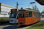 Freiburger Straenbahn, ein Schienenschleifwagen neben der regulren Bahn an der Endhaltestelle Landwasser, April 2012  