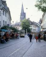 Freiburg im Breisgau VAG SL 4 (GT4 104) Salzstrasse am 29. Juni 1980.