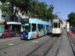 Am 20.09.2008 war der Freiburger Tw 45 auf Sonderfahrt und begegnete Tw 248 an der Haltestelle Reutebachgasse.