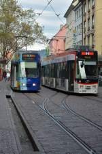 Diese Duewag GT8Z mit der Nummer  265/262  fährt am 18.10.2015 auf der Linie 3 durch Freiburg im Breisgau.