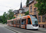 VAG: Die meisten neuen spanischen Strassenbahnen der Freiburger Verkehr AG (VAG) rollen bereits mit einer Vollwerbung auf dem Strassenbahnnetz von Freiburg in Breisgau.