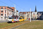 TW 348 der GVB am 20.Februar 2026 auf der Linie 1 nach Zw�tzen, hier am Puschkinplatz in Gera.