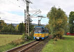 Tatra ET 313 ist hier am 2.10.2026 um 12.27 Uhr bei Wahlhausen nach Gotha unterwegs.
