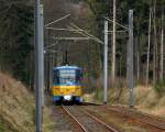 Straenbahn oder elektrisch betriebene  Schmalspurbahn ?  Die Thringer Waldbahn, hier ein Tatra Kurzgelenkzug vor der Haltestelle  Marienglashhle am 24.02.2008 gegen 12:22 Uhr , nach Gotha fahrend,