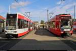 MGT-K-2 (Bombardier Flexity Classic), Wagen 697, und Duewag/Siemens MGT6D, Wagen 608 mit Eigenwerbung für die SCHOOL Card, der Halleschen Verkehrs-AG (HAVAG) stehen anlässlich des Tags der offenen Tore im HAVAG Betriebshof in der Freiimfelder Straße in Halle (Saale).
[1.9.2018 | 10:25 Uhr]