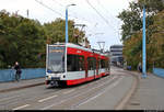 MGT-K (Bombardier Flexity Classic), Wagen 685 und 68?, der Halleschen Verkehrs-AG (HAVAG) als Linie 10 von Hauptbahnhof nach Göttinger Bogen überqueren die Elisabeth-Saale in der Mansfelder Straße.
[7.9.2019 | 9:41 Uhr]