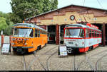 50 Jahre Tatrawagen in Halle (Saale)
Anlässlich ihrer 50-jährigen Betriebszugehörigkeit hat ebenso das Historische Straßenbahndepot (Museum) der Halleschen Straßenbahnfreunde e.V. (HSF) in der Seebener Straße geöffnet.
Hier mit Arbeitsfahrzeug Tatra T4D-C, Wagen 035, und Fahrschulwagen Tatra T4D-C, Wagen 985, der Halleschen Verkehrs-AG (HAVAG).
[7.9.2019 | 15:52 Uhr]