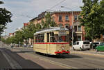 25 Jahre Historisches Straßenbahndepot Halle (Saale)    Gothawagen T57, Wagen 523, bezwingt die Ludwig-Wucherer-Straße in Halle (Saale) Richtung Steintor.