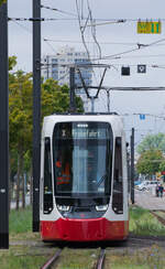 Der kurze Straßenbahntyp TINA vom Hersteller Stadler, HAVAG-intern als MGT-M bezeichnet, ist auf Testfahrt in der Hallenser Neustadt unterwegs.

~S-Bahnhof Neustadt, Halle(Saale), 22.08.2025