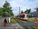 Weil an der Schwimmhalle in Halle-Neustadt neue Weichen f�r das neue Wendegleis eingebaut werden, endeten alle Stra�enbahnlinien (2, 9, 10 und 16) bereits am S-Bahnhof Neustadt. Solange es hier noch den Gleiswechsel gibt, k�nnen die Bahnen hier wende ...