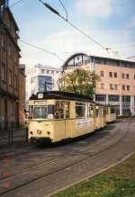 Strassenbahnzug TYP Gotha auf der Linie 1 nach Winzerla in Jena. Heute fahren keine Gotha-Zge mehr im Linienverkehr, Aufnahme von 2001