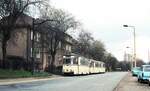 Straßenbahn Jena__Linie 2 in der Karl-Liebknecht-Straße kurz vor der Endstation Jena-Ost.__17-03-90