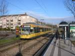 Niederflur-Straenbahnwagen 308 verlt am 22.01.2005 die Haltestelle Oberreut Zentrum in Richtung Endhaltestelle Oberreut.