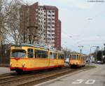 VBK 199 auf Sonderfahrt anllich der TSNV JHV trifft in der Forststrae den Planverkehr mit 213 als 5 nach Rintheim 20.3.10