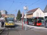 Niederflur-Straenbahnwagen 221, eingesetzt auf der Linie 1 zwischen den Karlsruher Stadtteilen Durlach und Oberreut, steht am 20.03.2006 an der Endhaltestelle Turmberg in Karlsruhe-Durlach.