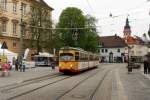 TW 214 auf Sonderfahrt in der Durlacher Altstadt an der Haltestelle Schloplatz. Aufgenommen am 21.04.2013.