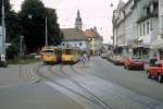 Karlsruhe VBK SL 2 (GT8 119 / GT8 120) Durlach, Pfinztalstalstrasse / Schlossplatz im Juli 1988.