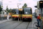 Karlsruhe VBK SL A (DÜWAG-GT6-80C 531, Bj 1987) / AVG SL A (Waggon Union-GT6-80C 516, Bj 1984) Ettlinger Strasse / Kongresszentrum im Juli 1988.