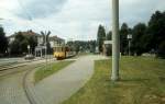 Karlsruhe VBK SL 4 (GT8 215) Haid - und Neustrasse / Hirtenweg im Juli 1988.