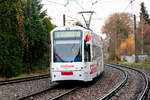 Die Linie 9 mit Wagennummer 4508 Einfahrt in die KVB-Haltestelle Königsforst. Aufgenommen am 27.2.2019.