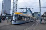 Solaris Tramino steht an der Haltestelle Augustusplatz, Leipzig, 12.02.2018.