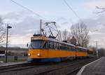 2x Tatra und 1x NB4 Großzug steht an der Haltestelle Paunsdorf Straßenbahnhof. Leipzig, 12.02.2018.