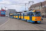 Tatra T4D-M, Wagen 2122 und 21??, mit Beiwagen NB4 der Leipziger Verkehrsbetriebe (LVB) als Linie 4 von Leipzig-Gohlis, Landsberger Straße, nach Leipzig-Stötteritz, Holzhäuser