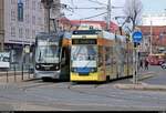 NGT12-LEI (Bombardier Flexity Classic XXL), Wagen 1232, der Leipziger Verkehrsbetriebe (LVB) als Linie 16 von Leipzig Messegelände nach Leipzig-Lößnig trifft auf Duewag/Siemens NGT8,