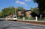 100 Jahre Straenbahn in Schkeuditz, Wagen 1464 mit Beiwagen im Ortsteil Altscherbitz, 19.09.2010.