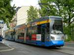 LVB - NGTW6 - Betriebsnummer 1307  Paunsdorf  mit Werbung für Bautrocknung Schmittgall - Baujahr 2006 - auf Linie 3 Richtung Knautkleeberg am 13.05.2014 im Stadtzentrum Leipzig. 