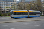 Diese Straßenbahn  1302 - Leoliner Prototyp  fährt am 15.04.2016 auf der Linie 14. Aufgenommen am Hauptbahnhof Leipzig.
