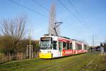 Straßenbahn Mainz / Mainzelbahn: Adtranz GT6M-ZR der MVG Mainz - Wagen 215, aufgenommen im Januar 2018 in Mainz-Bretzenheim.